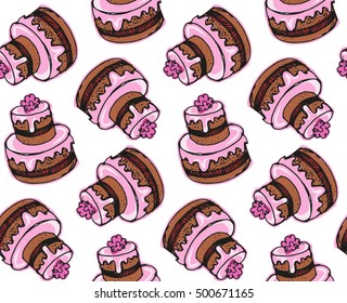 Hand drawn doodle pattern with sweet cake. Vector illustration. 