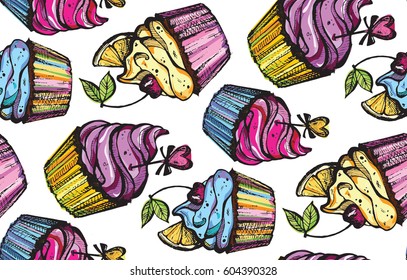 Hand drawn doodle pattern with tasty cupcakes.