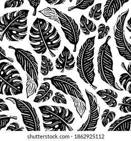 Hand drawn doodle pattern of tropical leaf in vintage design. 