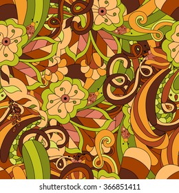 Hand drawn doodle pattern in vector. Zentangle background. Seamless abstract texture with doodles, flowers. 