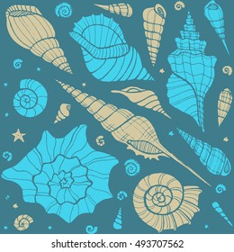Hand drawn doodle pattern with vector seashells.