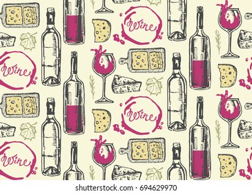 Hand drawn doodle pattern with wine bottle. 