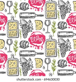 Hand drawn doodle pattern with wine bottle. 
