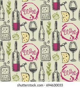 Hand drawn doodle pattern with wine bottle. 