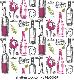 Hand drawn doodle pattern with wine bottle. 