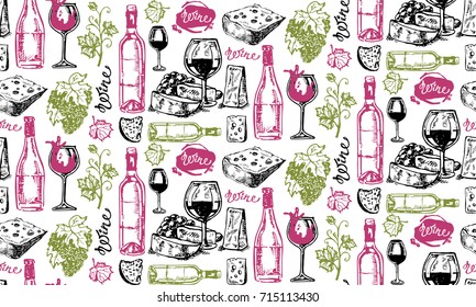 Hand drawn doodle pattern with wine collection. Grape and cheese