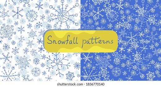 Hand drawn doodle patterns set with snowflakes. Winter season. Seamless print in blue tones for wrapping paper.