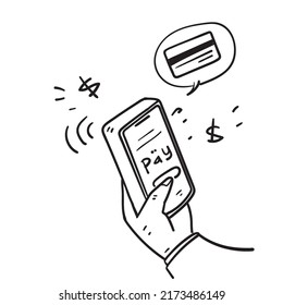 hand drawn doodle pay with credit card on mobile illustration vector
