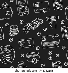 Hand drawn doodle payments seamless pattern Vector illustration. Symbol collection.