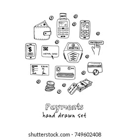 Hand drawn doodle payments set. Vector illustration. Isolated elements on white background. Symbol collection.