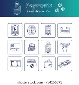 Hand drawn doodle payments set. Vector illustration. Isolated elements on white background. Symbol collection.