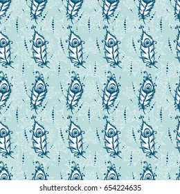 Hand Drawn doodle Peacock Feathers Seamless Pattern