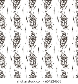 Hand Drawn doodle Peacock Feathers Seamless Pattern