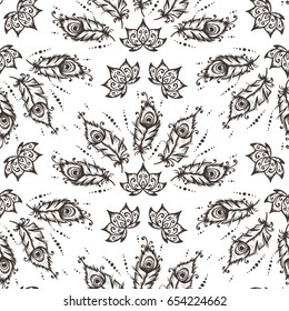 Hand Drawn doodle Peacock Feathers and the Lotus Flowers Seamless Pattern
