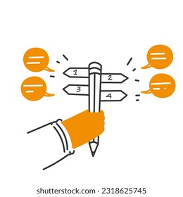 hand drawn doodle pencil direction sign in different direction icon
