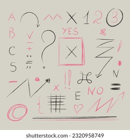 Hand drawn doodle pencil imitation with signs and symbols. Abstract set with shapes, letters, numbers, spots, signs, scribbles, strokes, hearts, zigzags, dots, arrows, question marks.