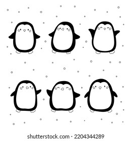 Hand drawn doodle penguins. Cute cartoon animal. Coloring page for children. Winter vector illustration.
