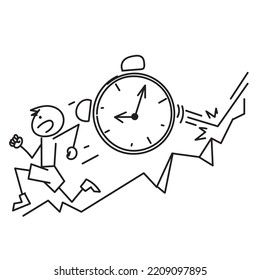 hand drawn doodle people chased by time or clock symbol for deadline illustration vector