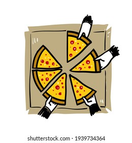 hand drawn doodle People having dinner together and sharing a huge pizza illustration icon