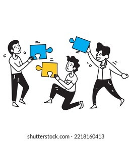 hand drawn doodle people holding jigsaw puzzle illustration symbol for teamwork