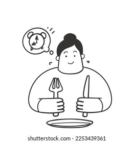 hand drawn doodle people holding cutlery and thinking clock time illustration