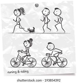 Hand Drawn Doodle People Jogging And Riding A Bike