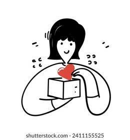hand drawn doodle people put love in to the box