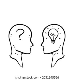 hand drawn doodle people with question mark and light bulb symbol for question and answer illustration vector isolated 