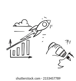 Hand Drawn Doodle People Watching Through Binoculars Exponential Graph From Flying Rocket Illustration Vector