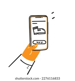 hand drawn doodle person buying shoes from mobile illustration vector