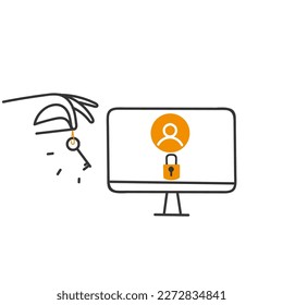 hand drawn doodle person carry key to open locked account on computer