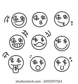hand drawn doodle person character with dollar eyes