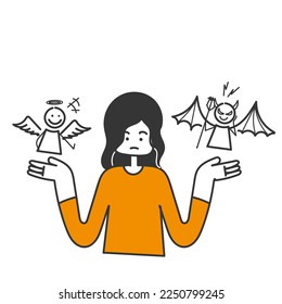 hand drawn doodle person confused to choose between good angels and bad demons illustration