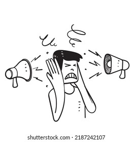 hand drawn doodle person cover ear stress and dizzy from pressure influence media illustration