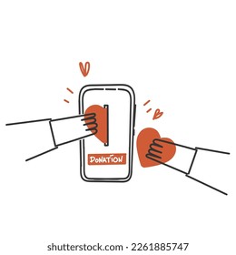 persona de doodle dibujada a mano donar corazón en vector de ilustración de teléfono móvil