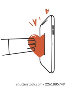 hand drawn doodle person donate heart on mobile phone illustration vector