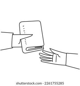 hand drawn doodle person gives book to friend illustration