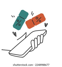 hand drawn doodle person holding Phone with discount coupon illustration vector
