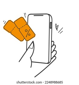 hand drawn doodle person holding Phone with discount coupon illustration vector