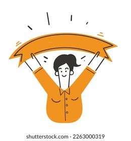 hand drawn doodle person holding classic ribbon illustration vector isolated