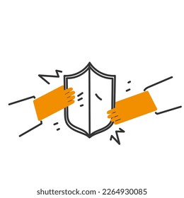 hand drawn doodle person holding shield illustration vector