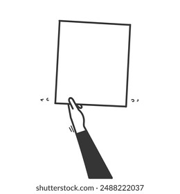 hand drawn doodle person holding blank mock up banner frame