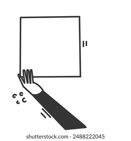 hand drawn doodle person holding blank mock up banner frame