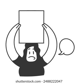 hand drawn doodle person holding blank mock up banner frame