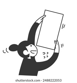 hand drawn doodle person holding blank mock up banner frame