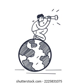 hand drawn doodle person looking from globe with binoculars illustration