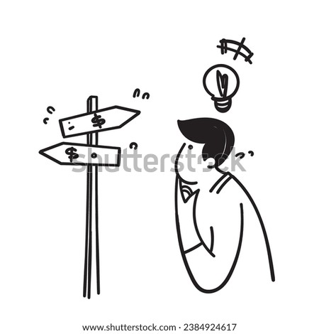 hand drawn doodle person looking at direction board with money symbols