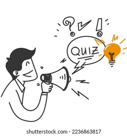 hand drawn doodle person in megaphone shouting Quiz logo in comic style illustration