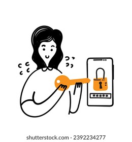 hand drawn doodle person Open the locked device screen with the key