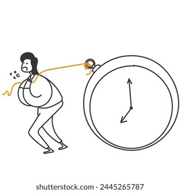 Handgezeichnete Doodle Person ziehen große Uhren mit Seilen Illustration